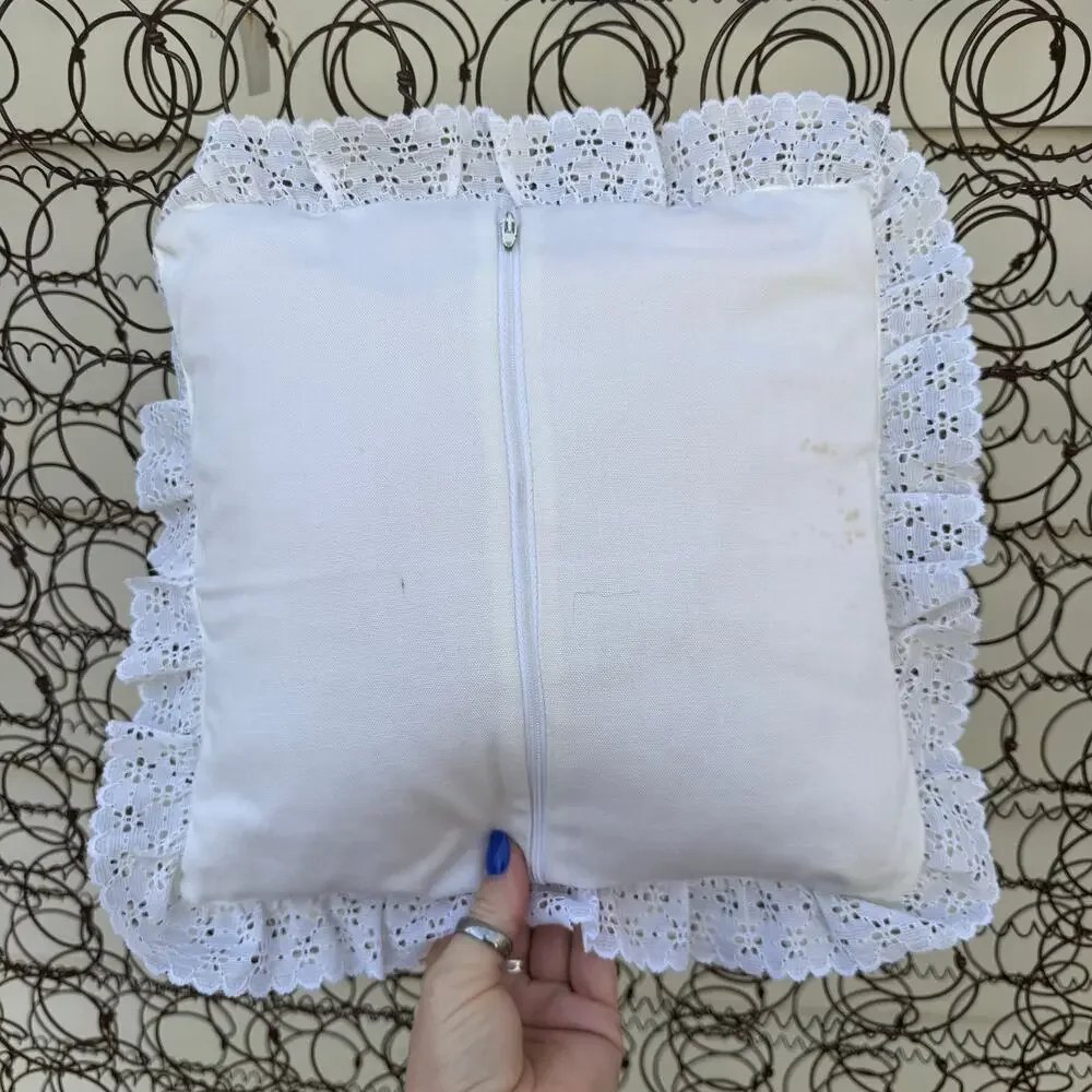 VTG 90s Cottagecore Floral Needlepoint Eyelet Lace Grannycore Throw Pillow 14x14